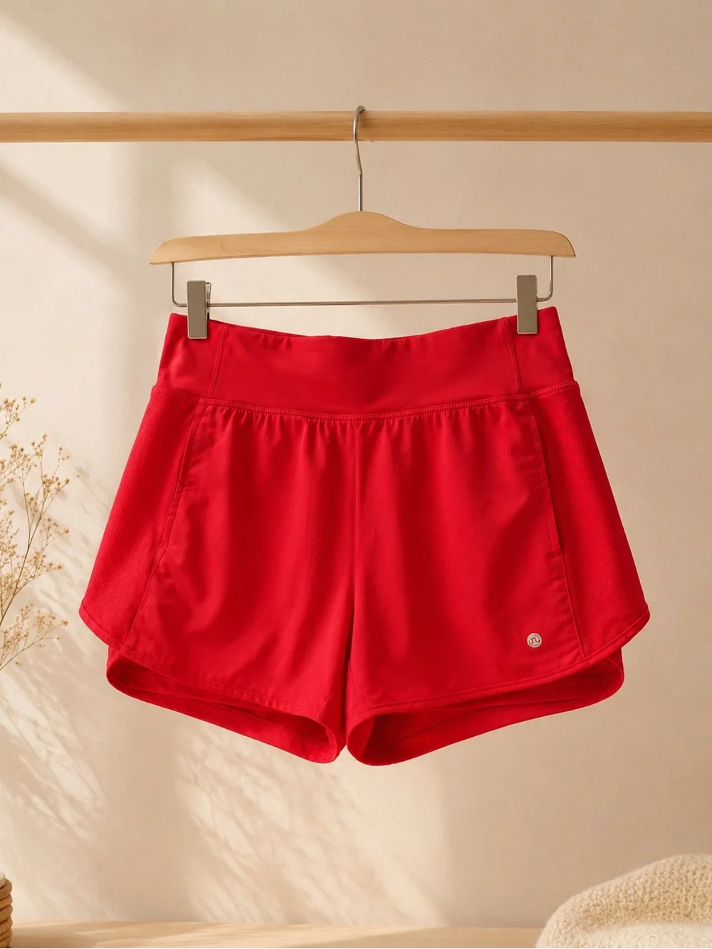 Women's High-Rise Red Athletic Shorts with Breathable Panels